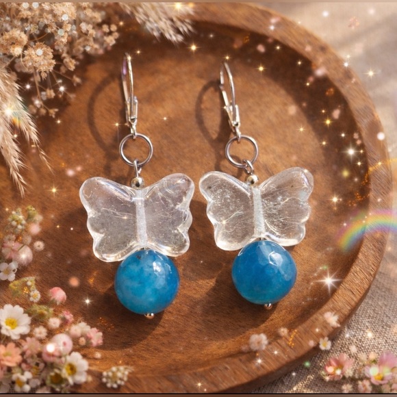 Hand Crafted Jewelry - Artisan Glass Butterfly Earrings Blue Stone Vintage Bead Dangle
